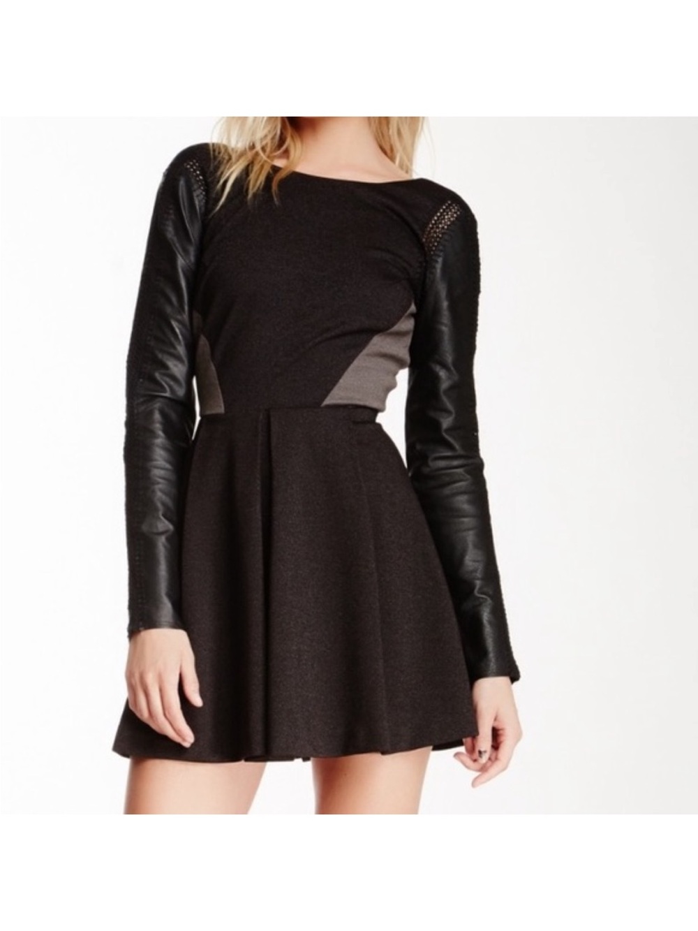 Stella & James Black Fit & Flare Shimmery Dress Long Leather Sleeves Large NWT